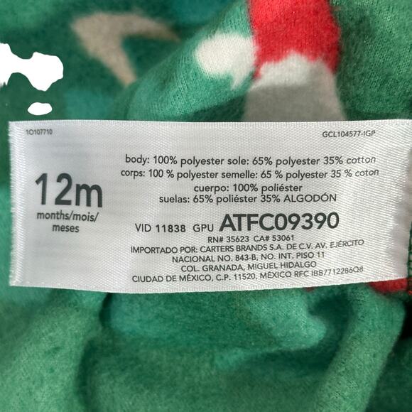 Carter’s Pajama Onesie Baby 12M Green Santa Reindeer Footed Holiday Christmas - Picture 6 of 6